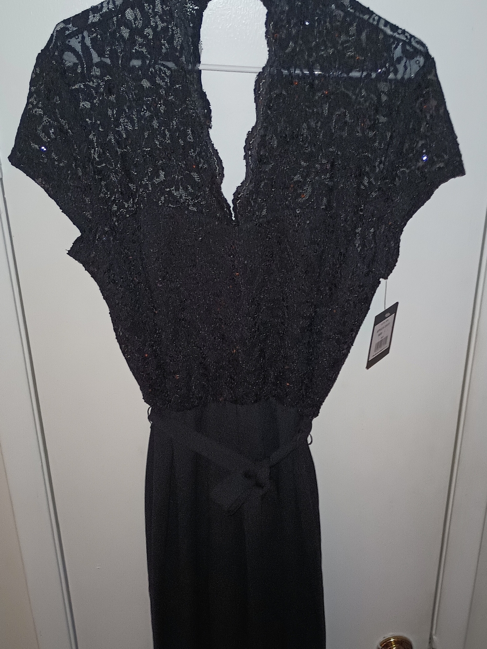 MARINA  Lace Sequins Bodice & Crepe Jumpsuit with Waist Tie SZL